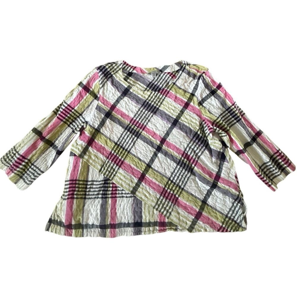 Habitat Womens Large Plaid  Top Pink Green Asymmetrical Artsy Boho